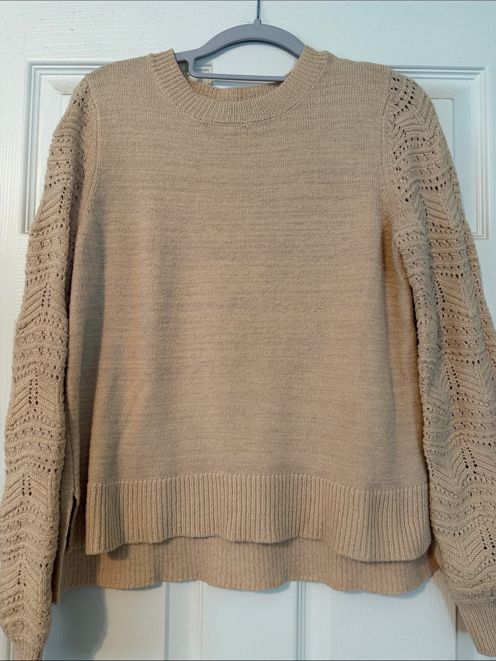 Christian Siriano Beige Crewneck Sweater with Lace-Knit Sleeves
